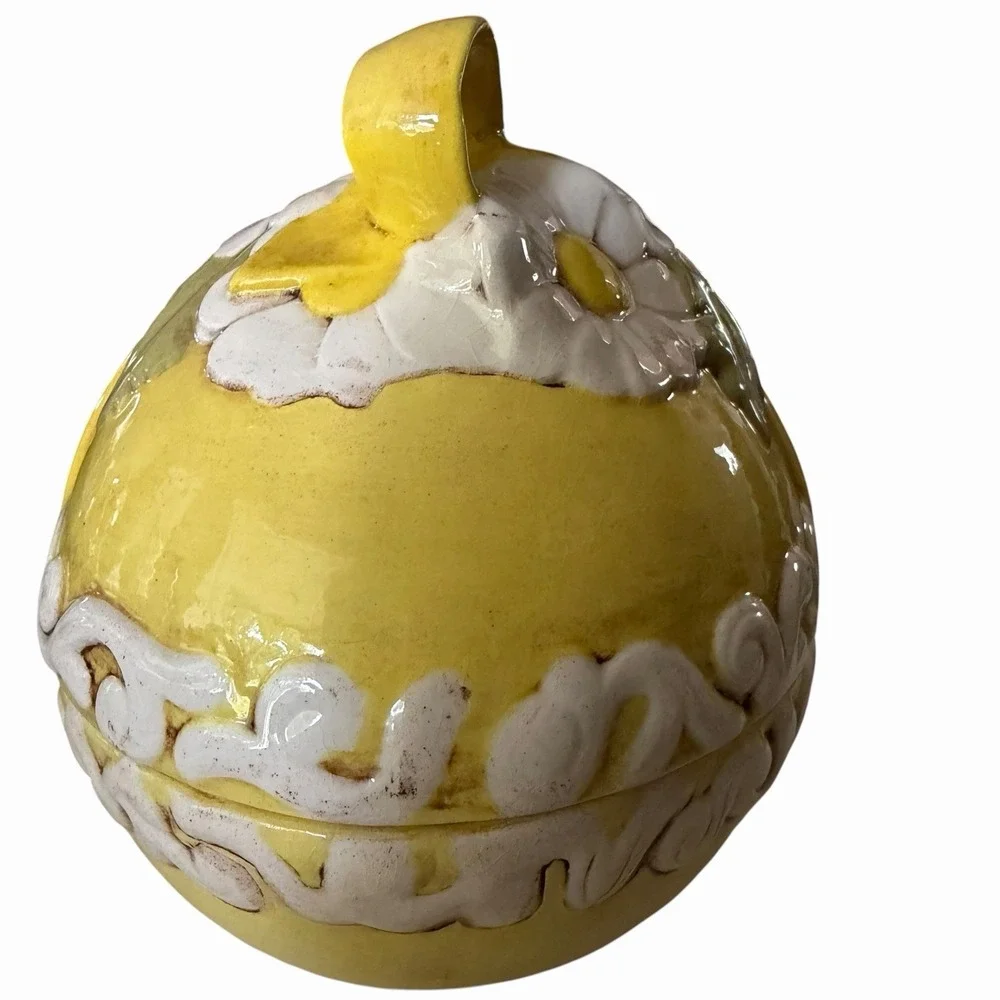 Vintage Atlantic Mold Hand Painted Ceramic Easter Egg Candy Dish Bowl Yellow Bow
